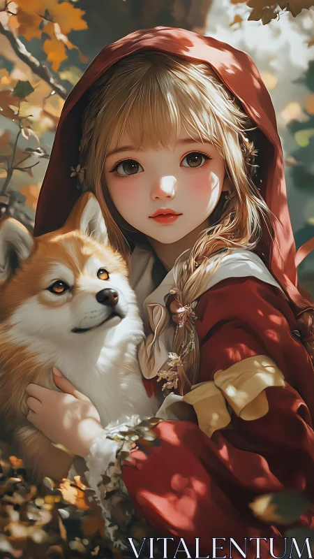 Red-hooded girl cradles fox-like dog in warm autumn forest.