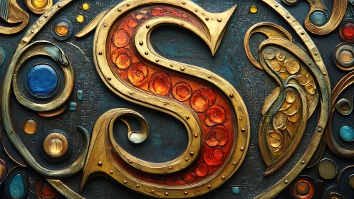 Ornate golden letter S with jeweled relief and teal ground.