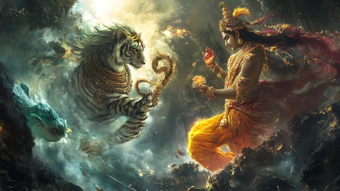 Divine warrior faces jeweled tiger in swirling cosmic storm.