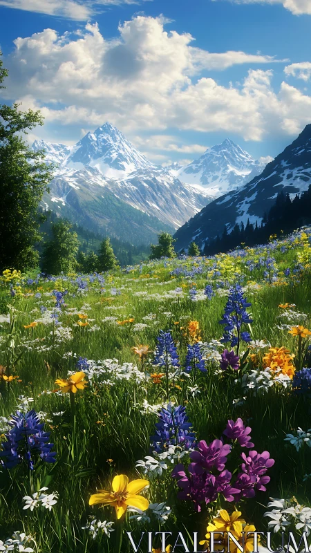 Sunlit alpine meadow opening toward peaceful snowy peaks.