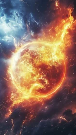 Planetary sphere amid opposing fire and ice clouds.