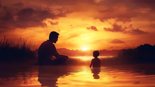 Sunlit whispers between father and child on quiet water.