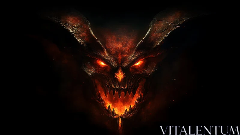 Demonic fire entity with glowing eyes emerging from dark void.