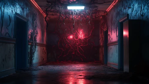 Bioluminescent root network invading derelict corridor interior.