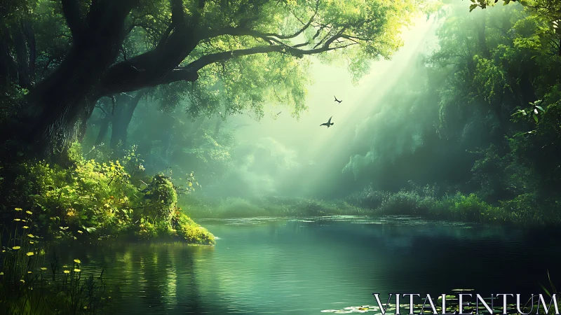 Misty Forest River. Emerald Waters, Golden Light, Ancient Trees.