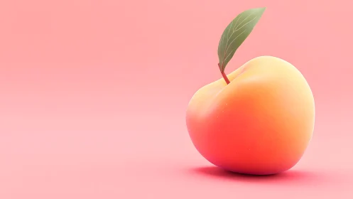 Realistic peach with leaf on pastel pink background, minimal style.