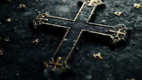 Metal cross with gold inlay lies on textured dark stone