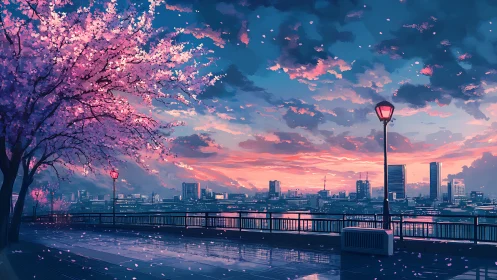 Twilight city promenade under cherry blossom sky at dusk.