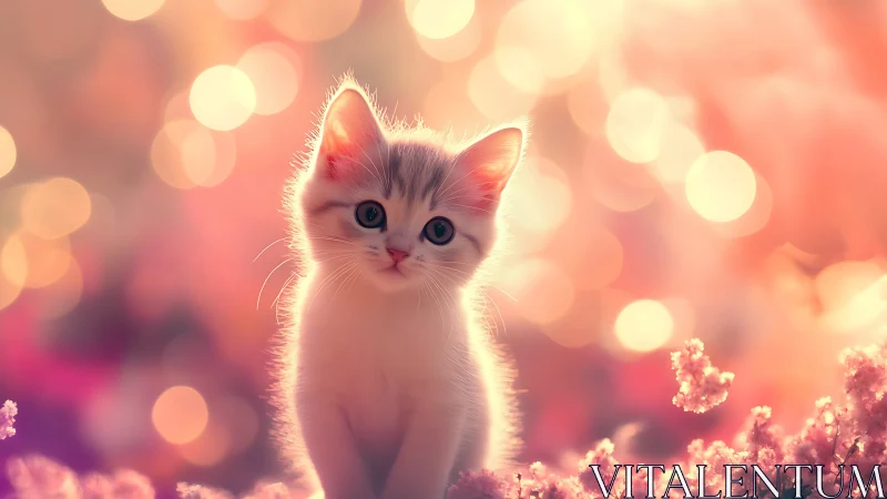 White kitten positioned centrally against soft bokeh background