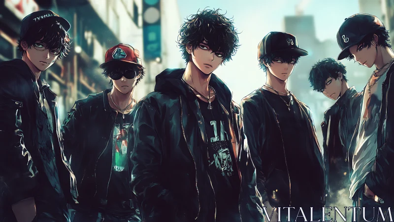 Streetwear anime boys standing in dramatic city light.