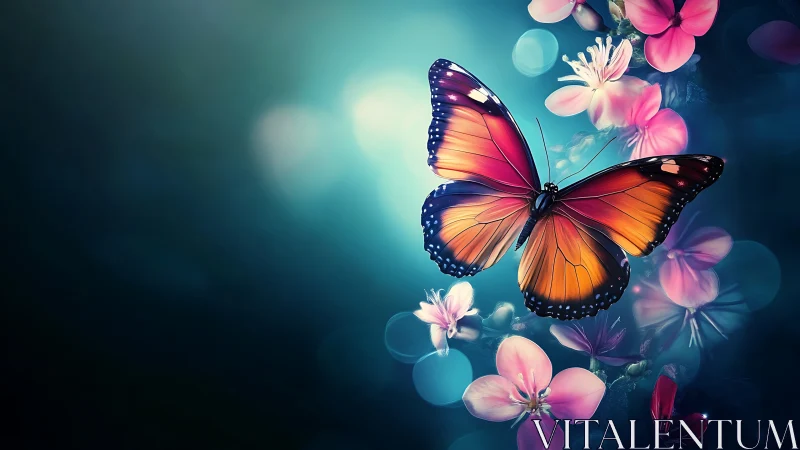 Butterfly drifting through dreamy blue and pink blossoms.