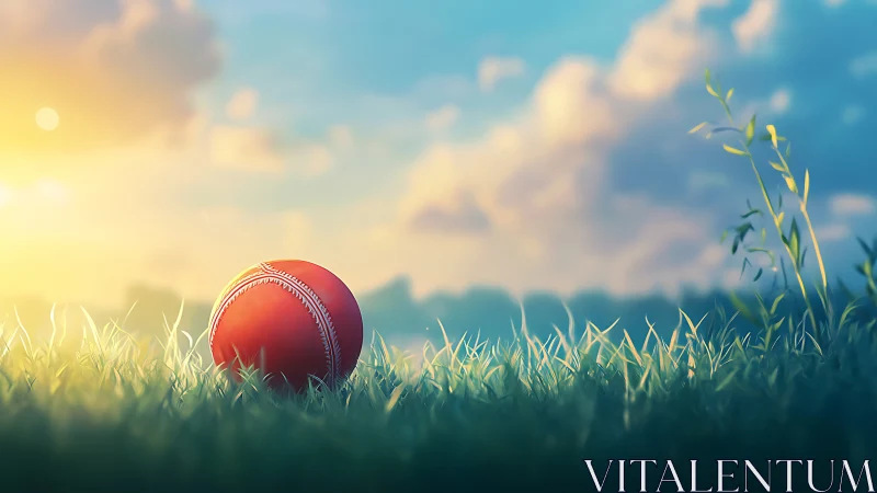 Red cricket ball on grass under low sun and soft clouds.