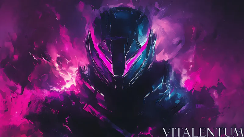 Neon armored guardian emerging from glowing cosmic mist.