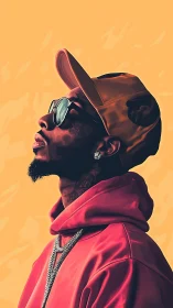 Sunlit street poet in coral hoodie and molten gold cap.