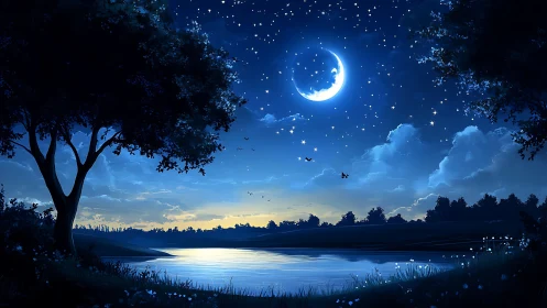 Crescent moon above reflective lake in starlit nightscape.