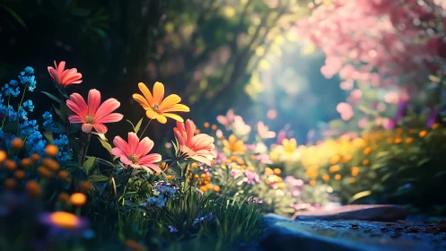 Sunlit Flower Garden Path with Layered Depth.