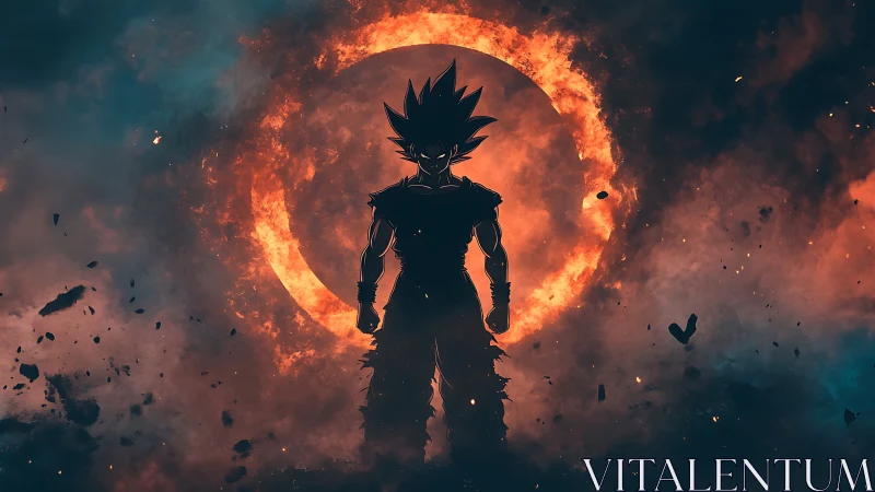 Solar storm warrior ignites within a burning celestial halo.