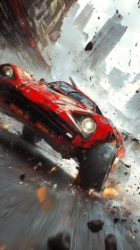 Scarlet muscle car explodes through a crumbling city street
