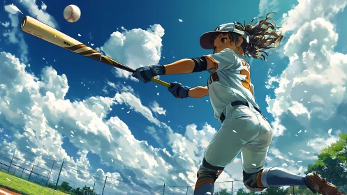 Dynamic anime batter swings under a bright summer sky.