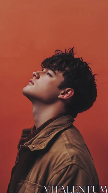 Side profile portrait of young man against orange backdrop.