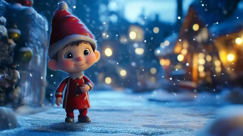 Cheerful child in red Santa suit on softly lit snowy street.