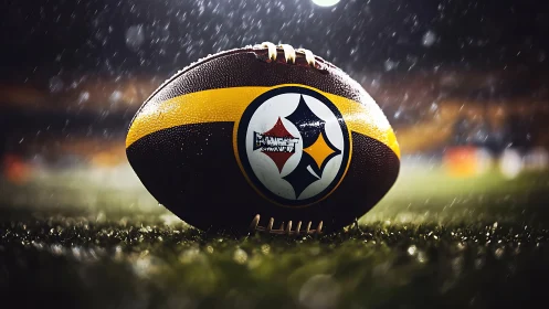 Football with Steelers-style logo rests on wet turf at night