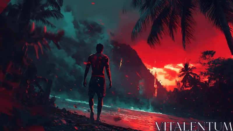 Lone survivor walks toward erupting island under red sky