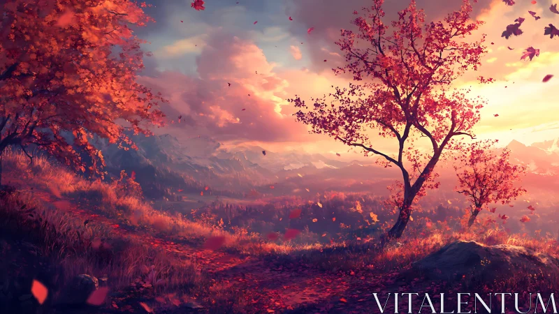 Luminous autumn hillside overlooks distant mountain range