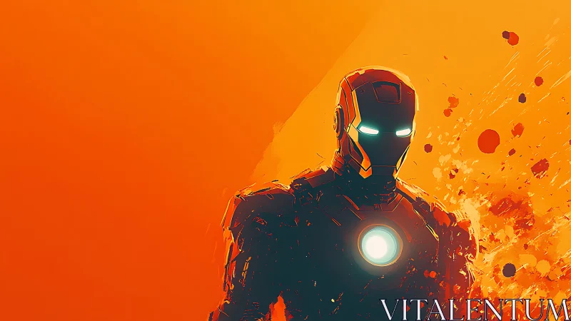 Armored superhero silhouette on bold orange backdrop.