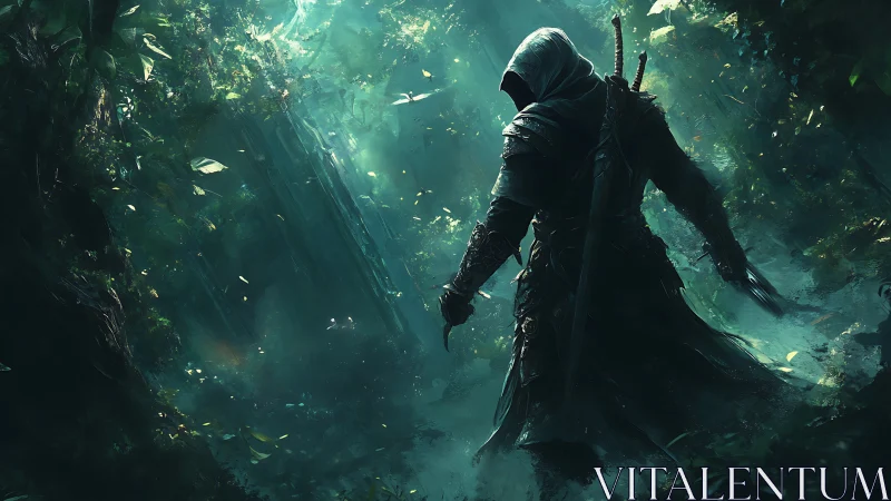 Hooded swordsman standing in dense, misty forest glade.