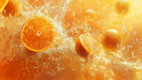 Orange slices and whole fruit splashing in liquid motion.