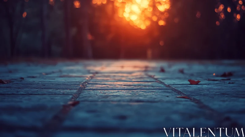Low-angle paved path in shallow focus against warm sunset bokeh