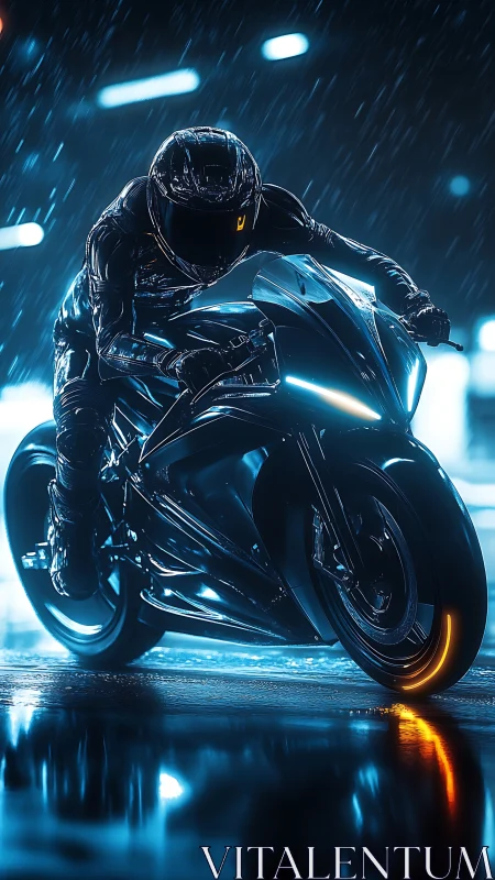 Motorcyclist on illuminated street in heavy night rain.