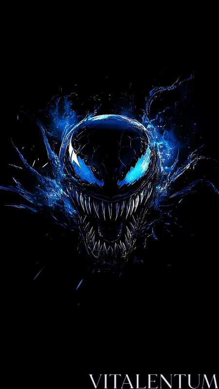 Digital painting of blue symbiotic skull with fluid energy halo.