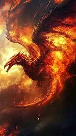 Fiery skyward dragon gliding through swirling sunset flames.