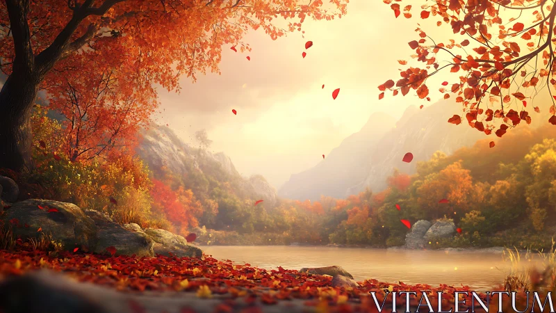 Golden autumn valley with lake under glowing sunset light.