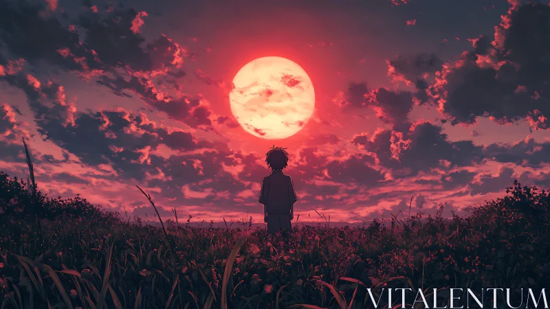 Silhouetted youth observes crimson sunset beneath dense cloudfield