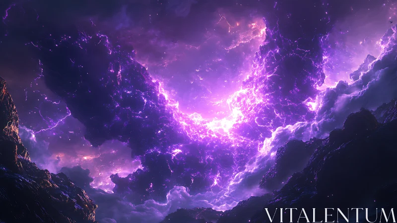 Cosmic storm rips open a glowing violet nebula sky.