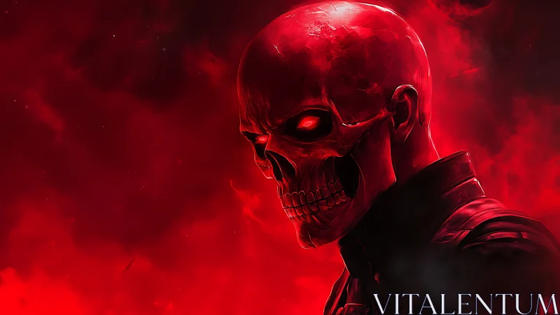 Red skeletal head profile in dark atmospheric background.