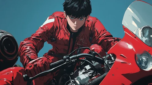 Motorcyclist in red suit riding sport bike against blue sky.