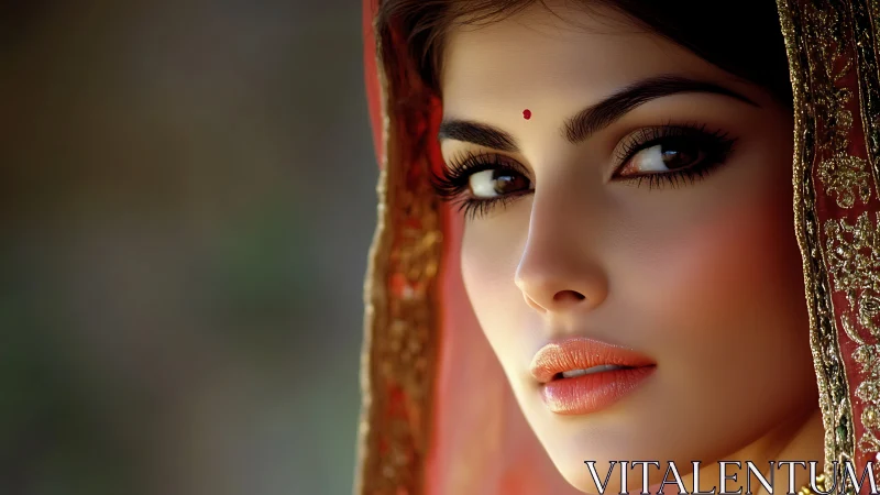 Bridal portrait in ornate red veil with luminous gaze.