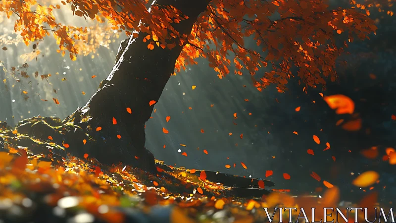 Radiant volumetric light through wind-swept autumn canopy.