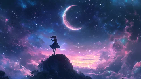 Stargazing girl crowns a crescent moon over violet clouds.