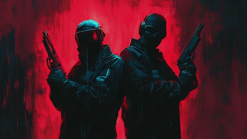 Two armed tactical figures stand back to back in red light