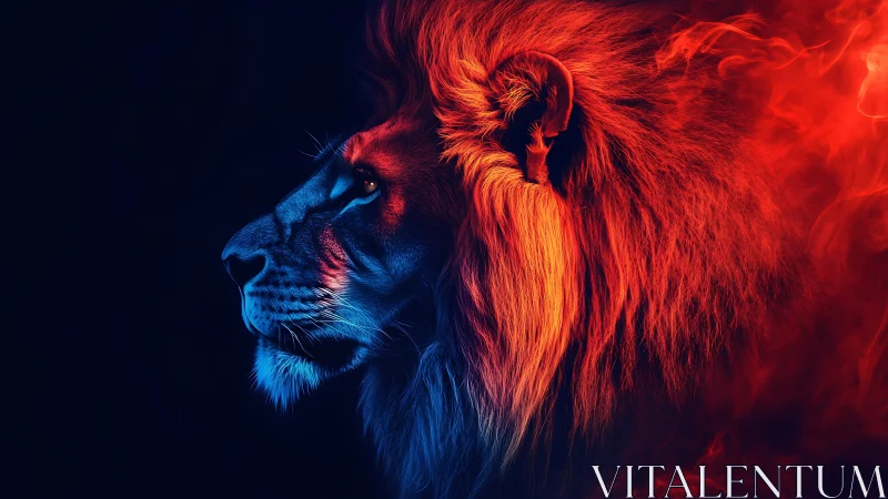 Digital side-profile of lion head in dual neon lighting.