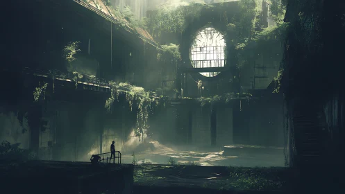 Quiet explorer in a sunlit, overgrown industrial hall.
