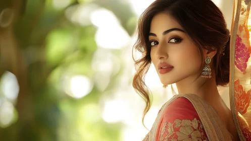 Elegant woman in sari gazes softly toward warm daylight.