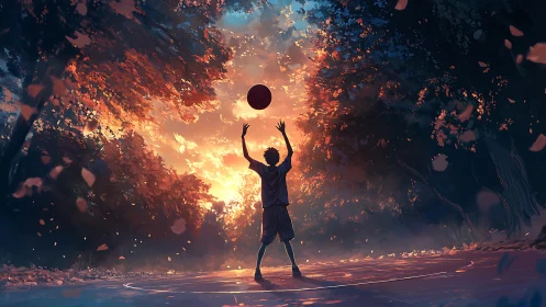 Silhouette of youth with basketball under backlit trees at dusk.