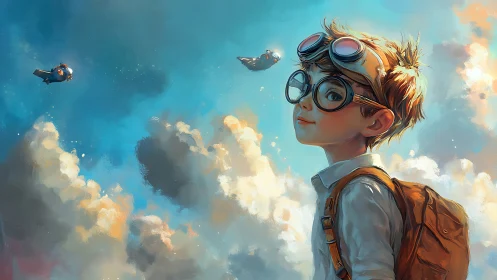 Skyward dreamer gazes at playful airships in soft clouds