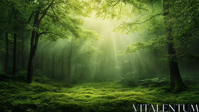 Sunlit Forest Cathedral: Radiant Beams Through Ancient Woodlands